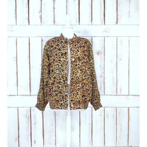 Vintage leopard print sequin beaded silk  windbreaker jogging puffer jacket silk - Picture 1 of 5